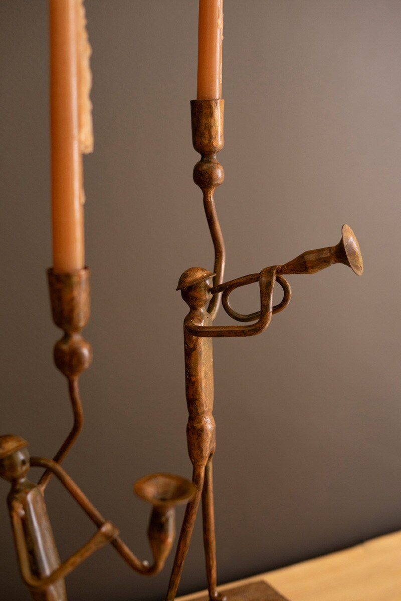 Set Of Two Forged Iron Trumpet And Saxaphone Taper Candle Holders By Kalalou