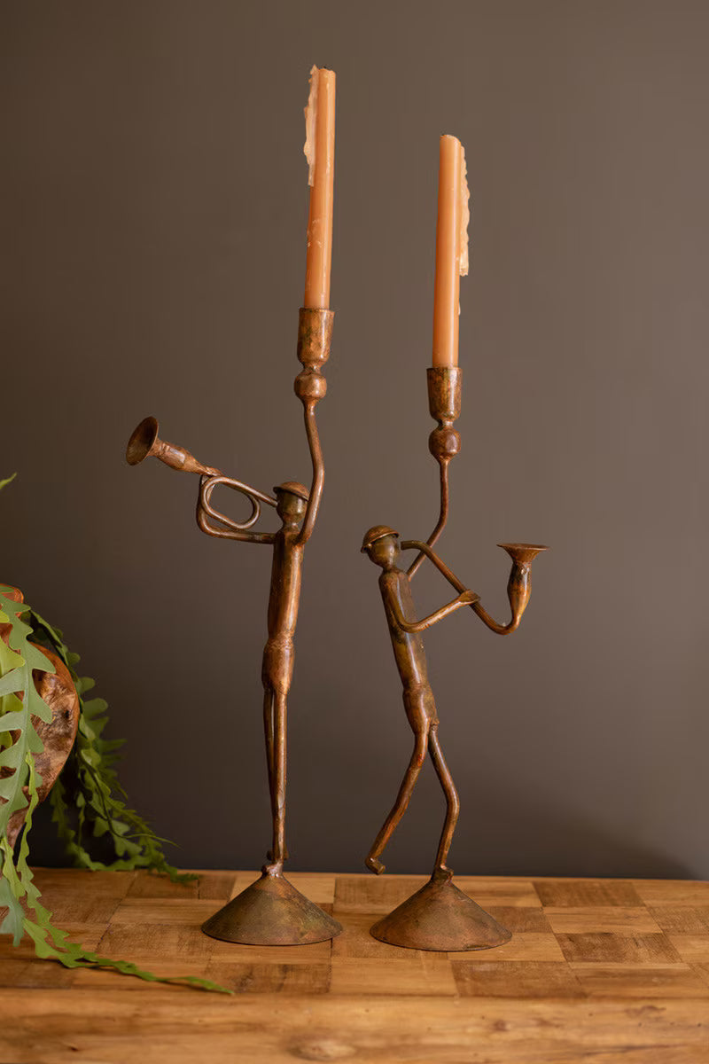 Set Of Two Forged Iron Trumpet And Saxaphone Taper Candle Holders By Kalalou