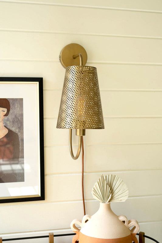 Double Antique Brass Wall Lamp With Perforated Metal Shade By Kalalou | Wall Lamps | Modishstore