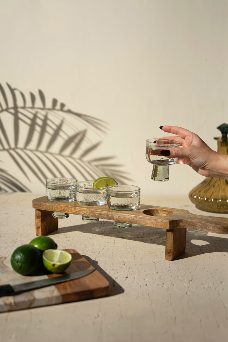 Tequila Flight - Four Glasses On A Wooden Base (Min 2) By Kalalou