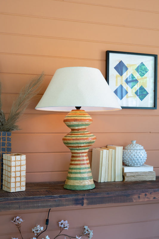 Paper Mache Lamp Base With Green And Rust Rings W Fabric Lampshade By Kalalou | Table Lamps | Modishstore