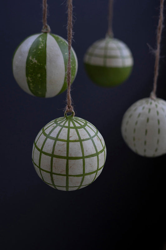 Set Of Four Paper Mache Ornaments - Green And White (Min 2) By Kalalou | Ornaments | Modishstore