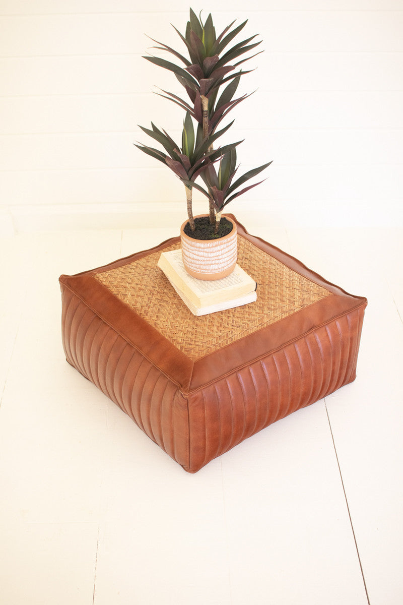 Square Pouf With Leather And Woven Cane By Kalalou | Ottomans | Modishstore - 3