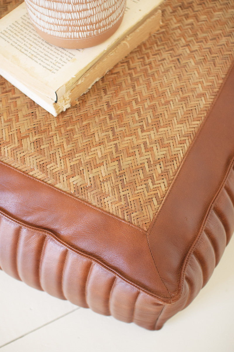 Square Pouf With Leather And Woven Cane By Kalalou | Ottomans | Modishstore - 2
