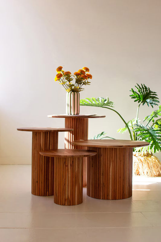 Set Of Four Acacia Wood Accent Tables With Tambour Bases By Kalalou