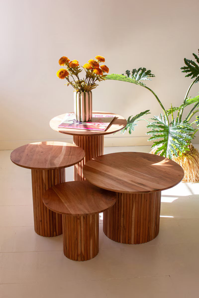 Set Of Four Acacia Wood Accent Tables With Tambour Bases By Kalalou