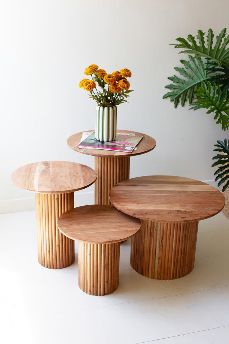 Set Of Four Acacia Wood Accent Tables With Tambour Bases By Kalalou