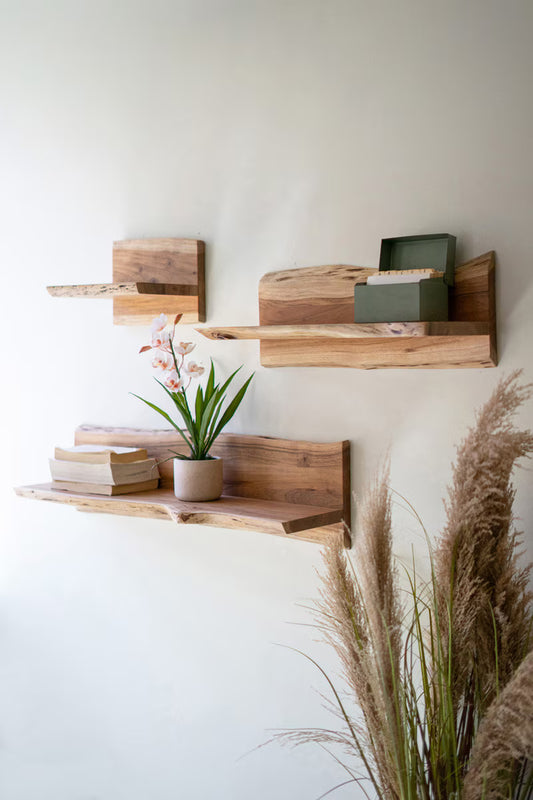 Set Of Three Live-Edge Acacia Wood Floating Shelves By Kalalou