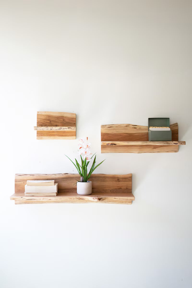 Set Of Three Live-Edge Acacia Wood Floating Shelves By Kalalou