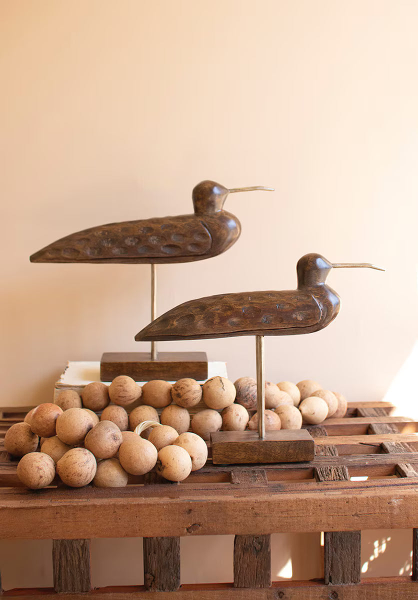 Set Of Two Carved Wooden Shorebirds On Stands By Kalalou