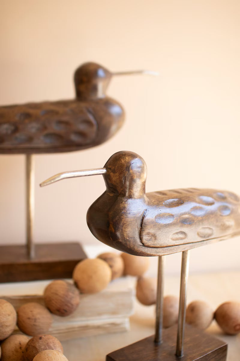 Set Of Two Carved Wooden Shorebirds On Stands By Kalalou