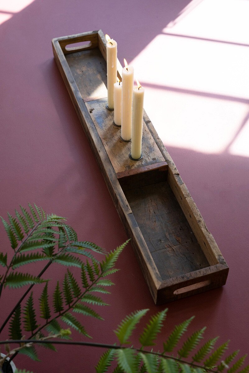 Recycled Wooden Tray With Four Candle Holders By Kalalou