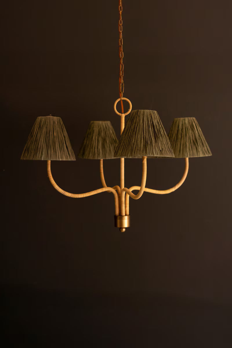 Rattan-Wrapped Chandelier With Raffia Shade By Kalalou