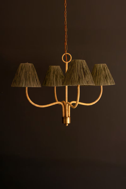 Rattan-Wrapped Chandelier With Raffia Shade By Kalalou