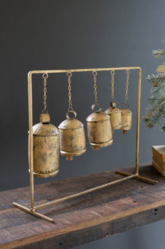 Five Antique Brass Christmas Bells On A Stand By Kalalou | Holiday | Modishstore