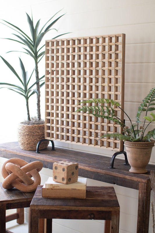 Mango Wood Grid Panel On An Iron Stand By Kalalou | Wall Art | Modishstore