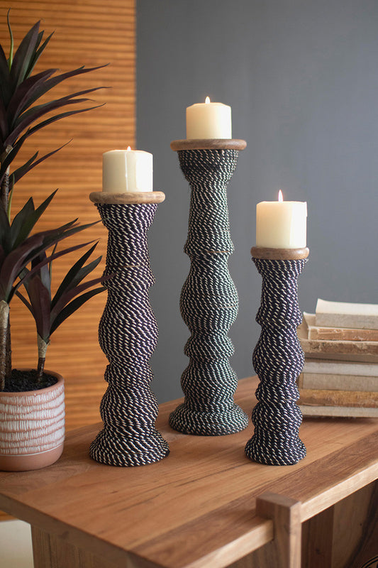 Set 3 Wooden Candle Holders With Black & White String By Kalalou | Candle Holders | Modishstore