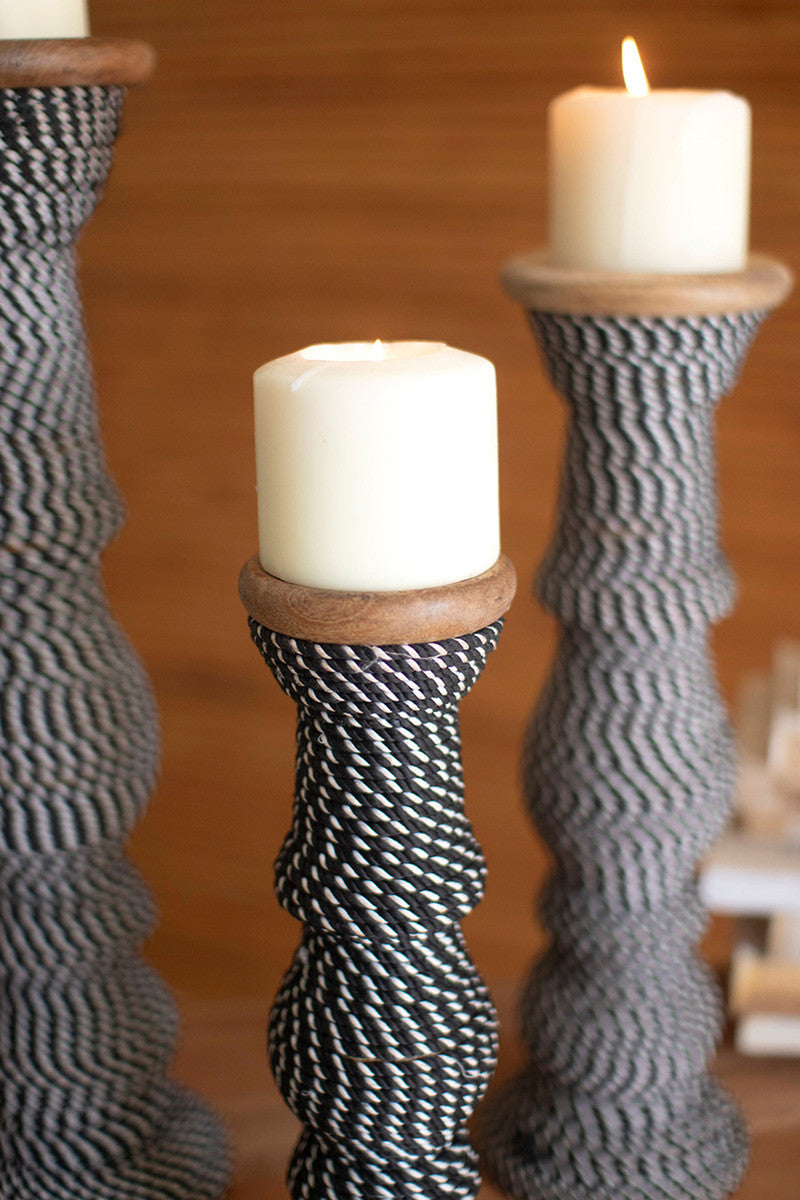 Set 3 Wooden Candle Holders With Black & White String By Kalalou | Candle Holders | Modishstore - 4