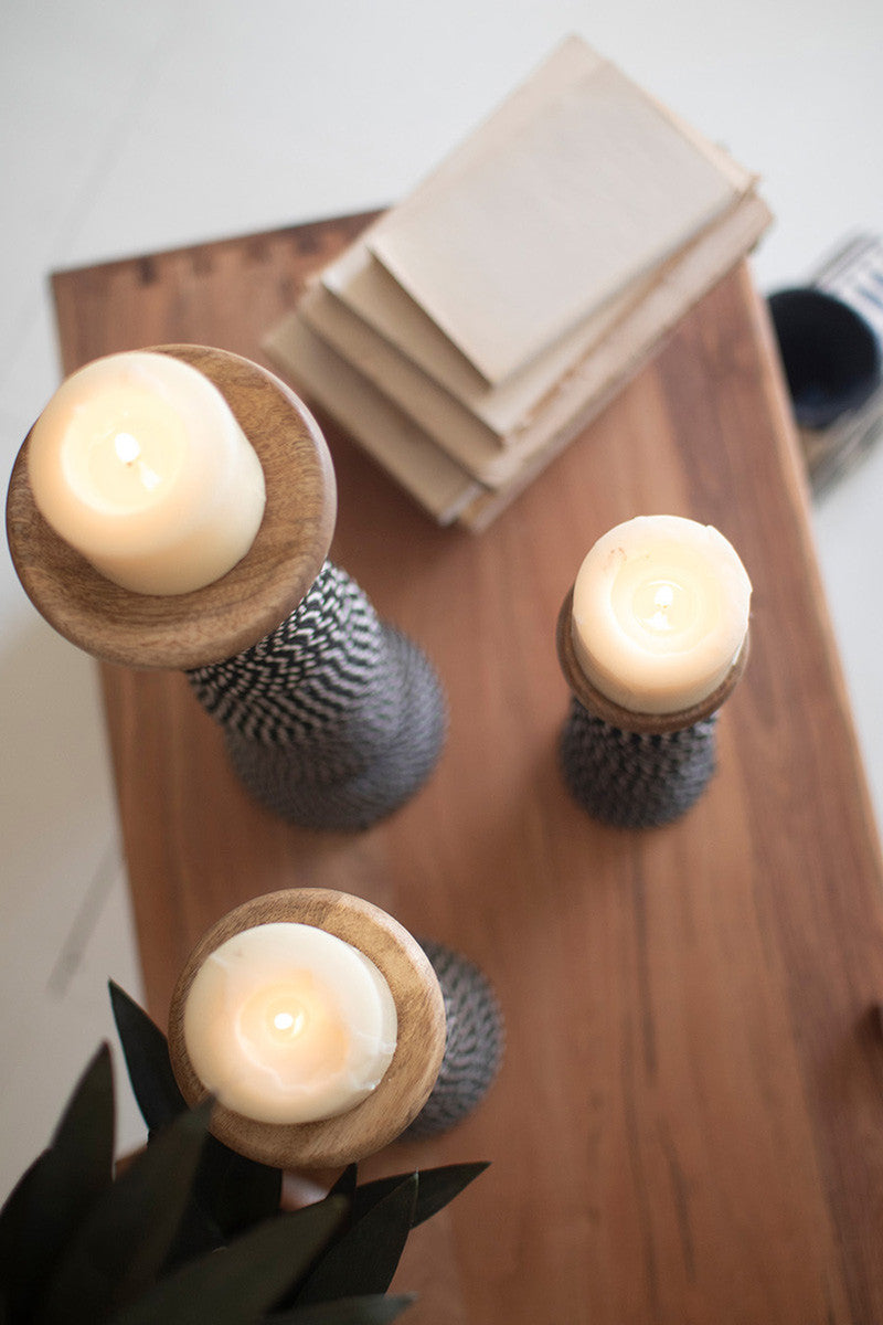 Set 3 Wooden Candle Holders With Black & White String By Kalalou | Candle Holders | Modishstore - 3
