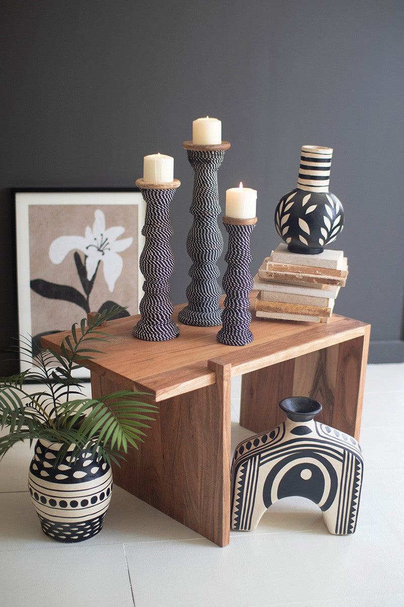 Set 3 Wooden Candle Holders With Black & White String By Kalalou | Candle Holders | Modishstore - 2
