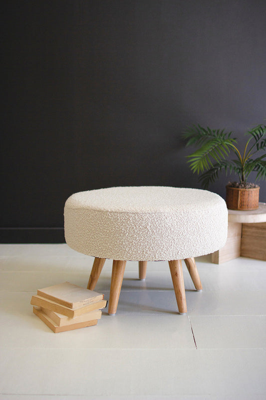 Large Boucle Stool With Wooden Legs - Pearl By Kalalou | Stools | Modishstore