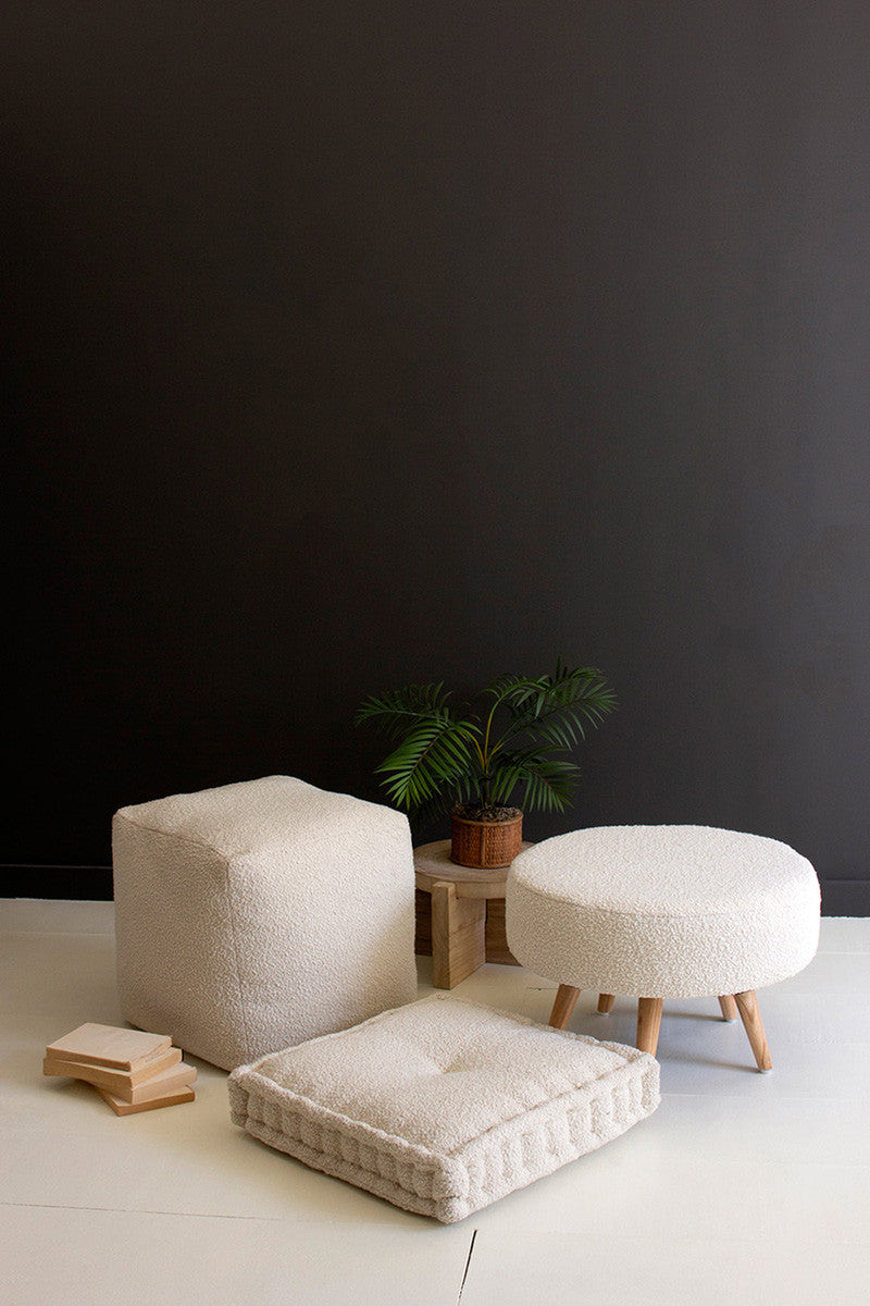 Large Boucle Stool With Wooden Legs - Pearl By Kalalou | Stools | Modishstore - 2