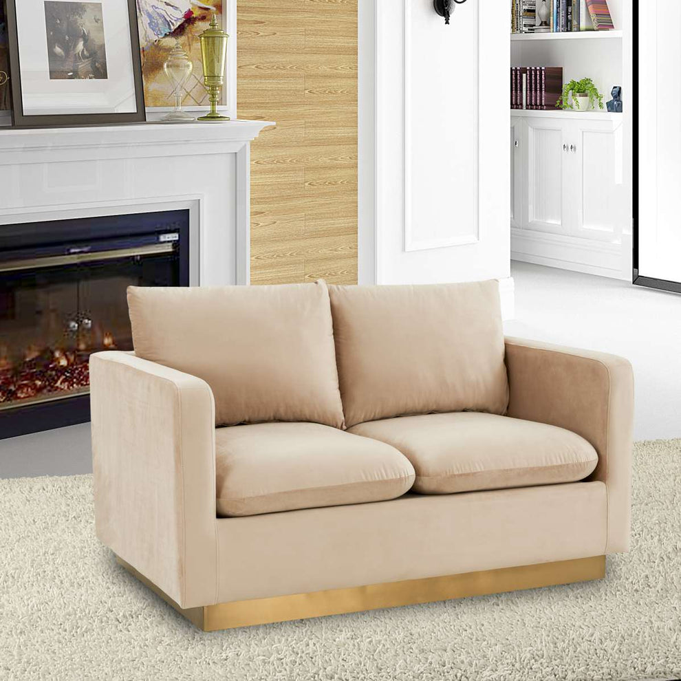 LeisureMod Nervo Modern Mid-Century Upholstered Velvet Loveseat with Gold Frame | Loveseats | Modishstore