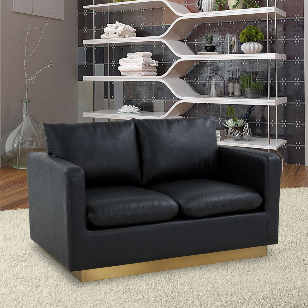 LeisureMod Nervo Modern Mid-Century Upholstered Leather Loveseat with Gold Frame | Loveseats | Modishstore