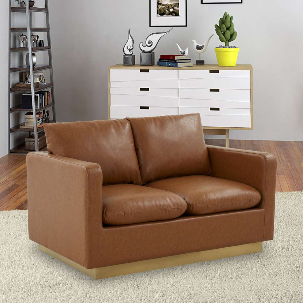LeisureMod Nervo Modern Mid-Century Upholstered Leather Loveseat with Gold Frame | Loveseats | Modishstore - 13