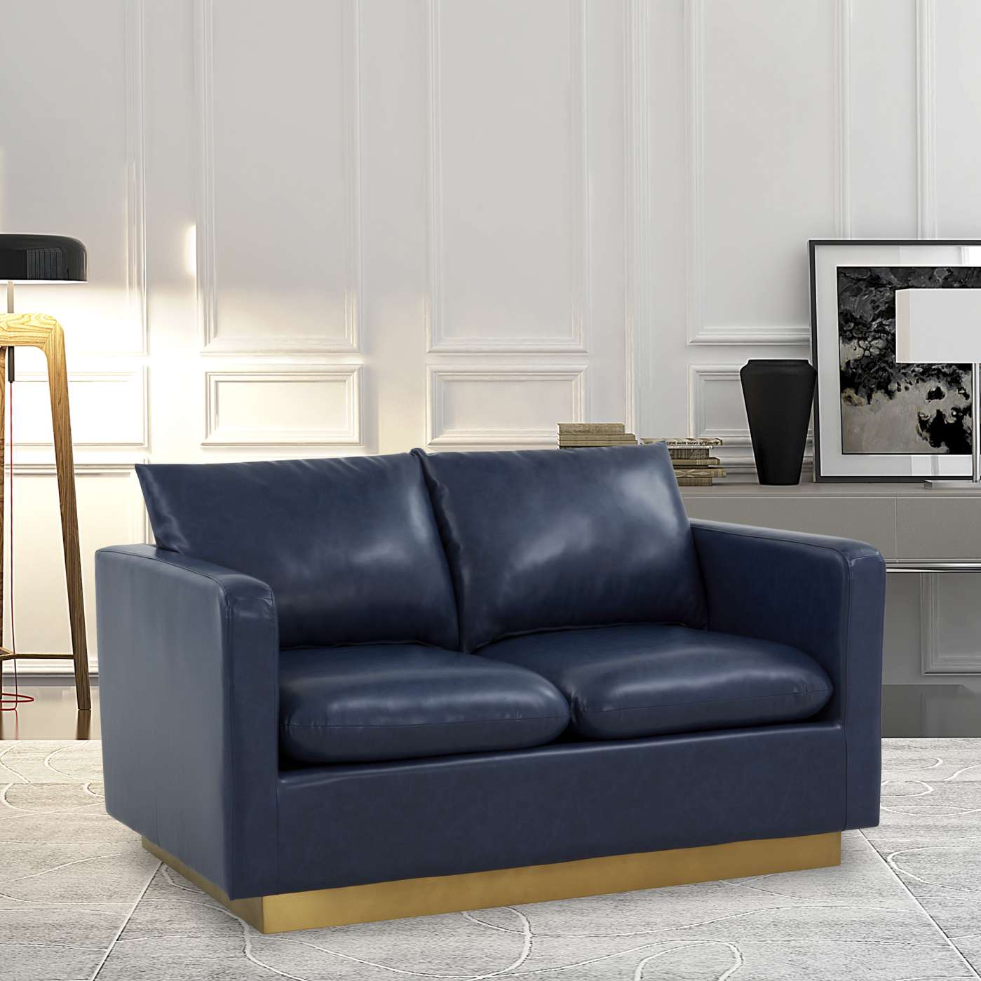 LeisureMod Nervo Modern Mid-Century Upholstered Leather Loveseat with Gold Frame | Loveseats | Modishstore - 19