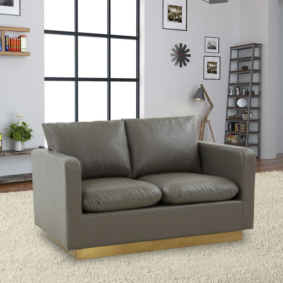 LeisureMod Nervo Modern Mid-Century Upholstered Leather Loveseat with Gold Frame | Loveseats | Modishstore - 25
