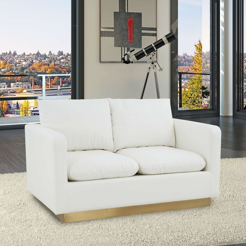 LeisureMod Nervo Modern Mid-Century Upholstered Leather Loveseat with Gold Frame | Loveseats | Modishstore - 31