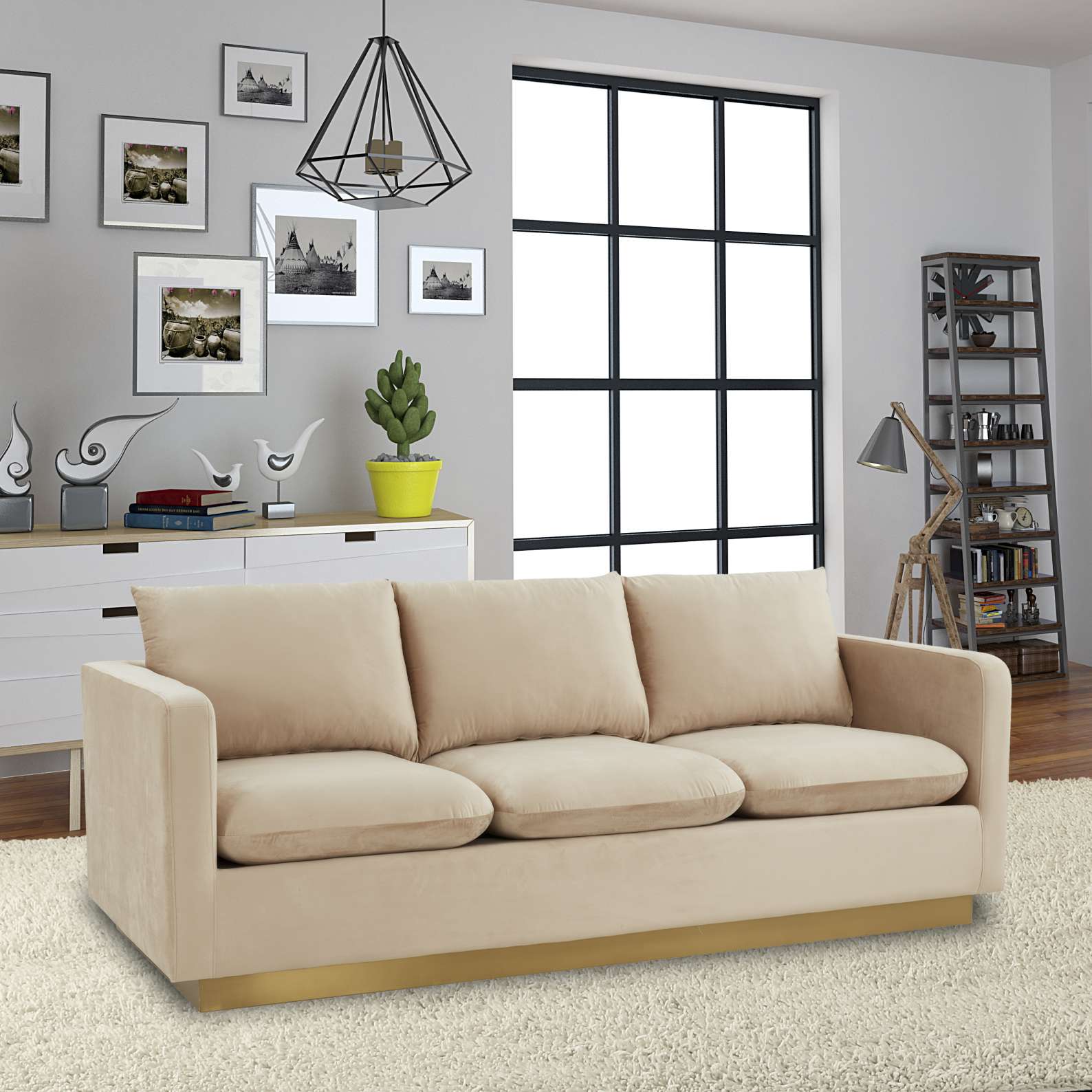 LeisureMod Nervo Modern Mid-Century Upholstered Velvet Sofa with Gold Frame | Sofas | Modishstore