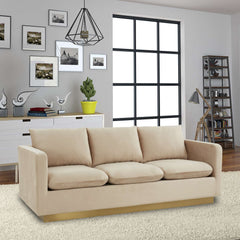 LeisureMod Nervo Modern Mid-Century Upholstered Velvet Sofa with Gold Frame