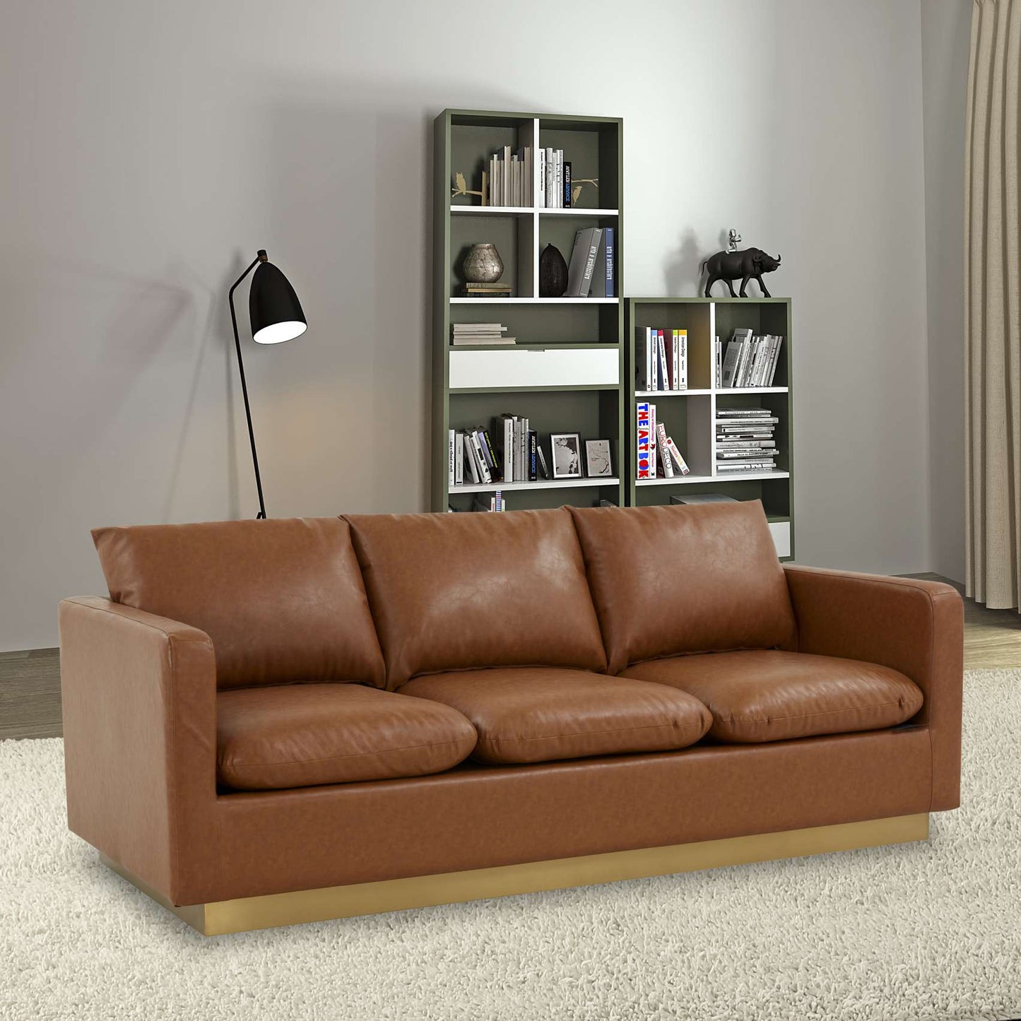 LeisureMod Nervo Modern Mid-Century Upholstered Leather Sofa with Gold Frame | Sofas | Modishstore - 9