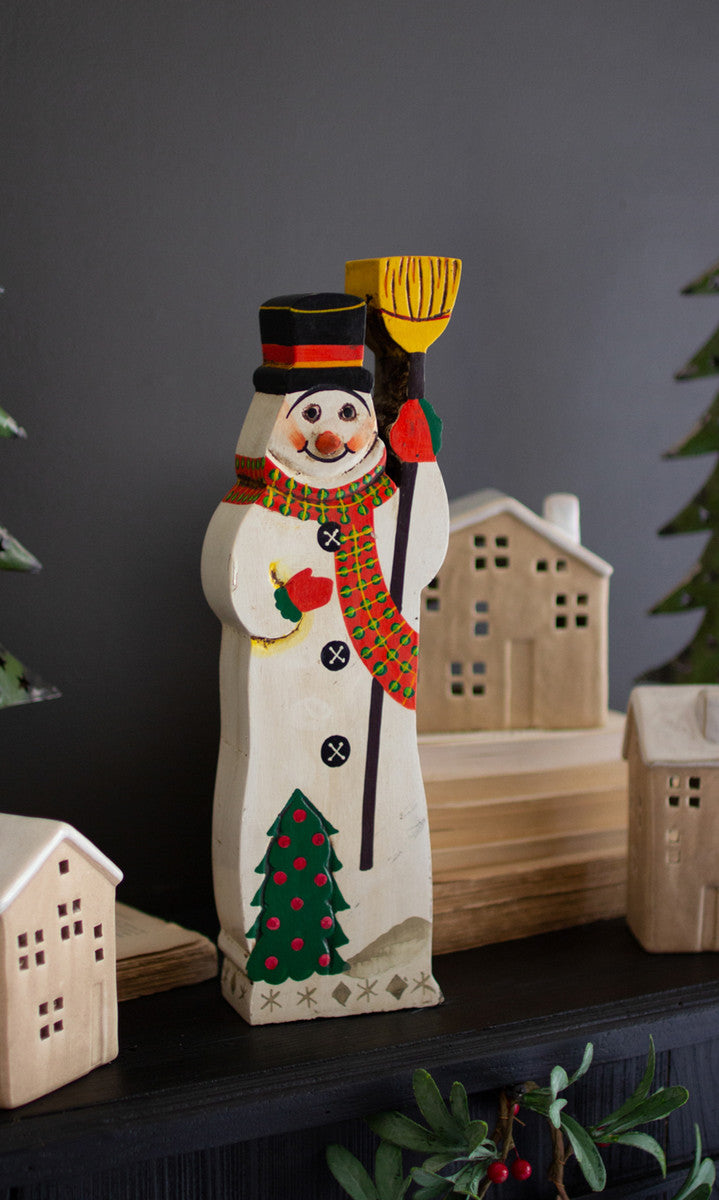 Painted Wooden Snowman Sculpture By Kalalou | Sculptures | Modishstore