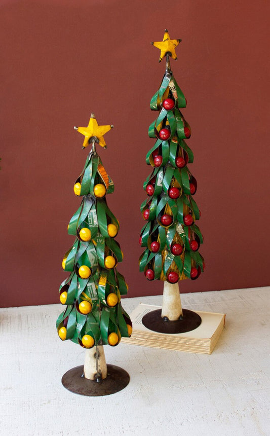 Set Of Two Recycled Metal Christmas Trees W Apples & Lemons By Kalalou