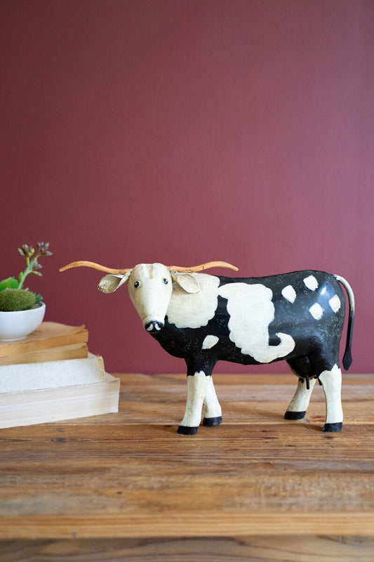 Painted Metal Black And White Steer By Kalalou