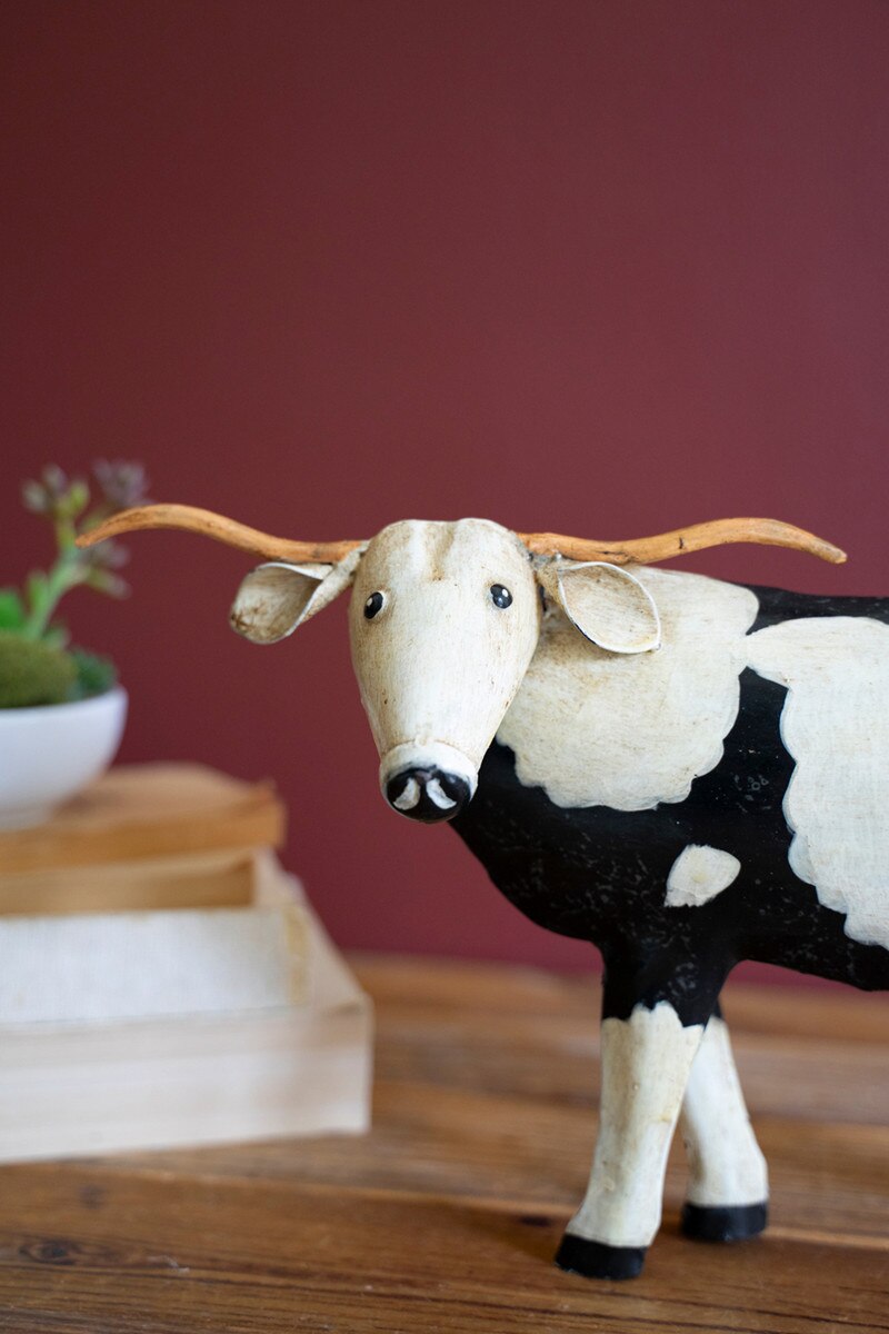 Painted Metal Black And White Steer By Kalalou