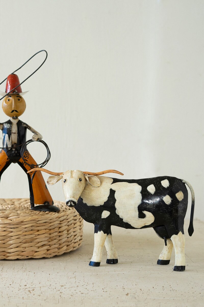 Painted Metal Black And White Steer By Kalalou