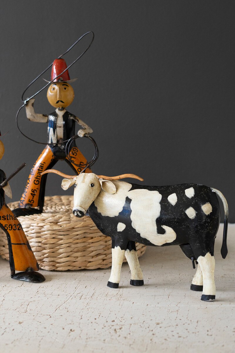 Painted Metal Black And White Steer By Kalalou