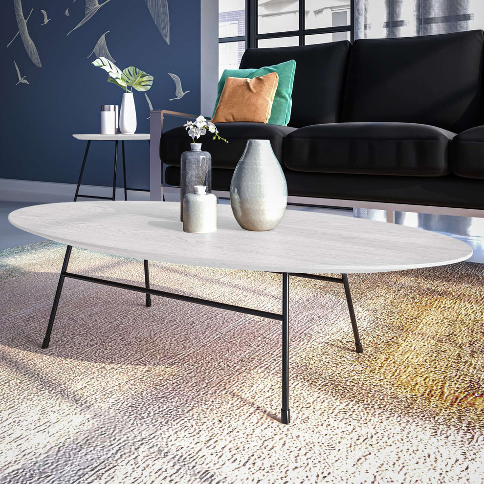 LeisureMod Rossmore Oval Coffee Table with Ash Veneer Top and Black Powder Coated Steel Frame | Coffee Tables | Modishstore - 19