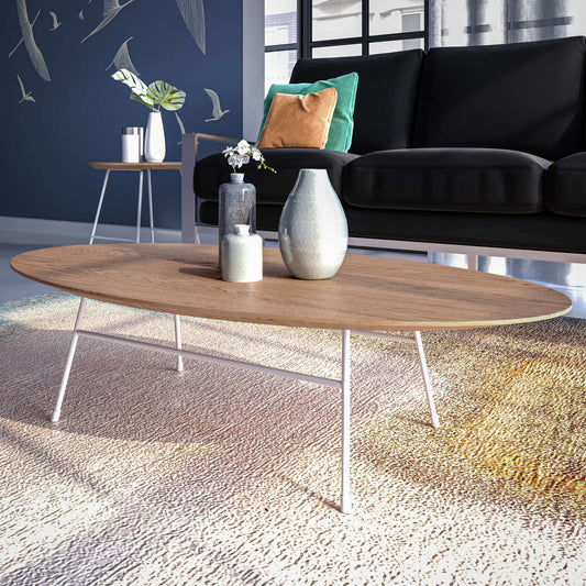 LeisureMod Rossmore Oval Coffee Table with Ash Veneer Top and White Powder Coated Steel Frame | Coffee Tables | Modishstore