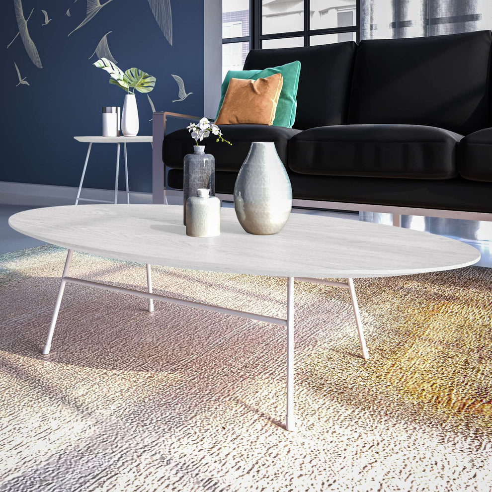 LeisureMod Rossmore Oval Coffee Table with Ash Veneer Top and White Powder Coated Steel Frame | Coffee Tables | Modishstore - 19