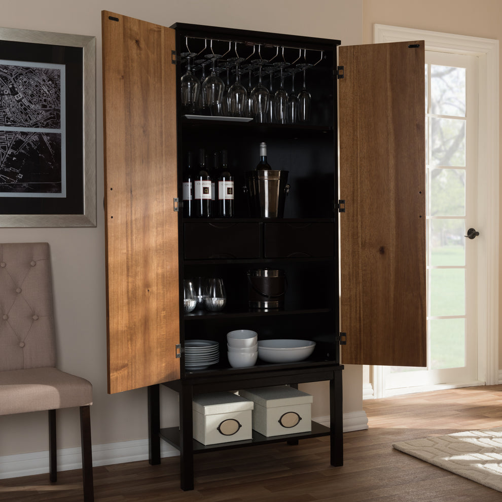 Baxton Studio Marya Mid-Century Modern Dark Brown and Walnut Two-Tone Solid Rubberwood Mdf Veneered Wine Cabinet | Cabinets | Modishstore - 9