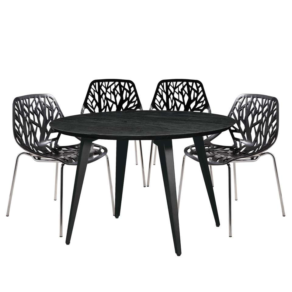 Leisuremod Ravenna Mid-Century Modern 5-Piece Dining Set with 4 Stackable Plastic Chairs and Round Wood Table | Dining Sets | Modishstore