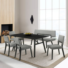 Channell 6 Piece Black Wood Dining Table Set with Bench in Charcoal Fabric By Armen Living