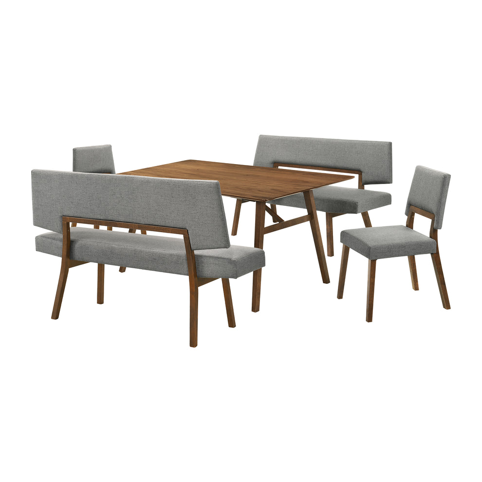 Channell 5 Piece Walnut Wood Dining Table Set with Benches in Charcoal Fabric By Armen Living | Dining Sets | Modishstore - 2