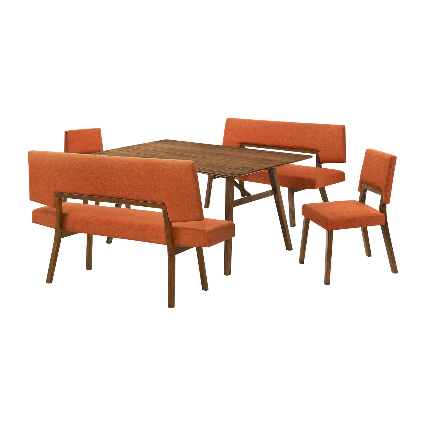 Channell 5 Piece Walnut Wood Dining Table Set with Benches in Orange Fabric By Armen Living | Dining Sets | Modishstore - 2