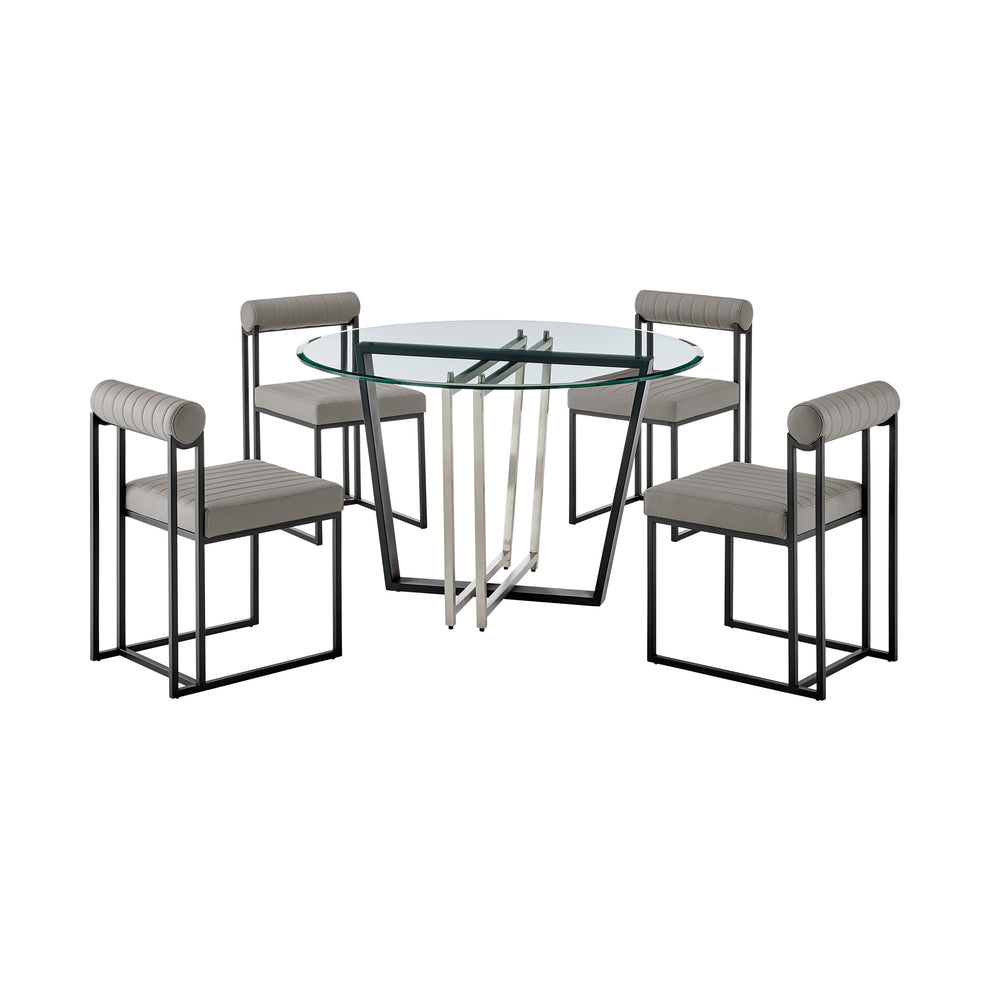 Devi Anastasia 5 Piece Round Glass Dining Table Set with Matte Black Iron and Anchor Gray Fabric By Armen Living | Dining Sets | Modishstore - 22